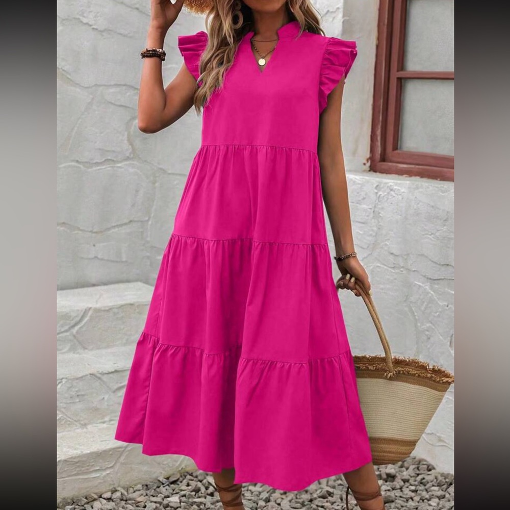 Boho notched neck ruffle trim smock dress